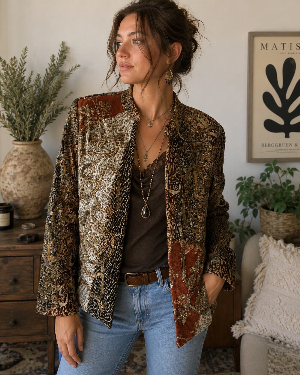 Vintage Alex Kim Embellished Patchwork Boho Jacket Petite Small